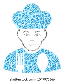 Cook Man mosaic of dollars. Vector dollar currency symbols are united into cook man mosaic.