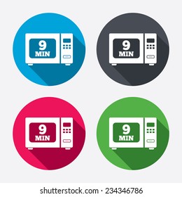 Cook in microwave oven sign icon. Heat 9 minutes. Kitchen electric stove symbol. Circle buttons with long shadow. 4 icons set. Vector