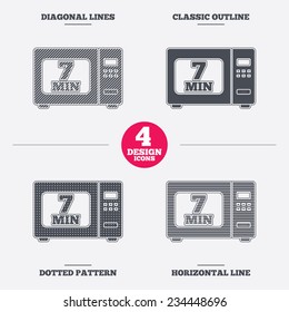 Cook in microwave oven sign icon. Heat 7 minutes. Kitchen electric stove symbol. Diagonal and horizontal lines, classic outline, dotted texture. Pattern design icons.  Vector