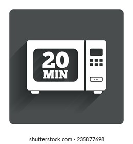 Cook in microwave oven sign icon. Heat 20 minutes. Kitchen electric stove symbol. Gray flat square button with shadow. Modern UI website navigation. Vector