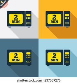 Cook in microwave oven sign icon. Heat 2 minutes. Kitchen electric stove symbol. Four squares. Colored Flat design buttons. Vector