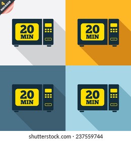Cook in microwave oven sign icon. Heat 20 minutes. Kitchen electric stove symbol. Four squares. Colored Flat design buttons. Vector