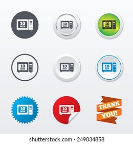 Cook in microwave oven sign icon. Heat 10 minutes. Kitchen electric stove symbol. Circle concept buttons. Metal edging. Star and label sticker. Vector