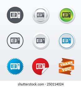 Cook in microwave oven sign icon. Heat 20 minutes. Kitchen electric stove symbol. Circle concept buttons. Metal edging. Star and label sticker. Vector
