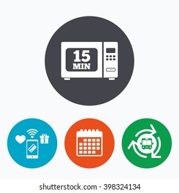 Cook in microwave oven sign icon. Heat 15 minutes. Kitchen electric stove symbol. Mobile payments, calendar and wifi icons. Bus shuttle.