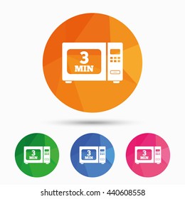 Cook in microwave oven sign icon. Heat 3 minutes. Kitchen electric stove symbol. Triangular low poly button with flat icon. Vector