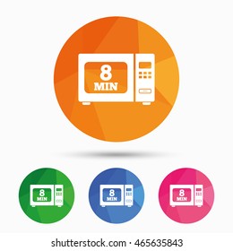Cook in microwave oven sign icon. Heat 8 minutes. Kitchen electric stove symbol. Triangular low poly button with flat icon. Vector