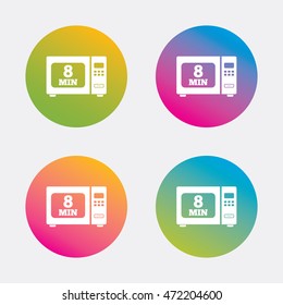 Cook in microwave oven sign icon. Heat 8 minutes. Kitchen electric stove symbol. Gradient flat buttons with icon. Modern design. Vector