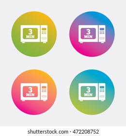 Cook in microwave oven sign icon. Heat 3 minutes. Kitchen electric stove symbol. Gradient flat buttons with icon. Modern design. Vector