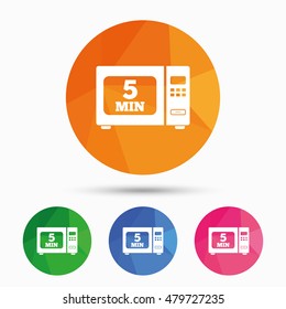 Cook in microwave oven sign icon. Heat 5 minutes. Kitchen electric stove symbol. Triangular low poly button with flat icon. Vector