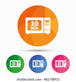 Cook in microwave oven sign icon. Heat 10 minutes. Kitchen electric stove symbol. Triangular low poly button with flat icon. Vector