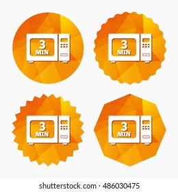Cook in microwave oven sign icon. Heat 3 minutes. Kitchen electric stove symbol. Triangular low poly buttons with flat icon. Vector