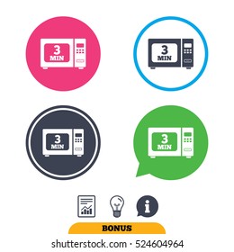 Cook in microwave oven sign icon. Heat 3 minutes. Kitchen electric stove symbol. Report document, information sign and light bulb icons. Vector