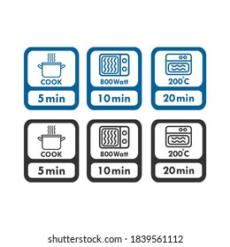 Icono del logotipo de los minutos de cocción. temperatura de cocción de microondas y horno, símbolos de instrucción de paquete de cocción de alimentos