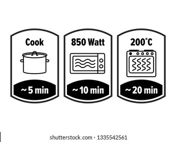 Cook minutes vector icon. 5, 10 and 20 minutes cooking in boiling saucepan, microwave watt and oven cooker temperature, food cook package instruction symbols