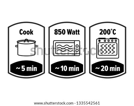 Cook minutes vector icon. 5, 10 and 20 minutes cooking in boiling saucepan, microwave watt and oven cooker temperature, food cook package instruction symbols