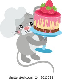 Cook mouse holding a strawberry cake