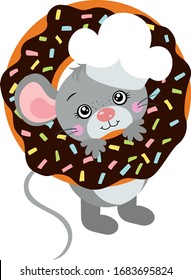 Cook mouse peeking on chocolate donut
