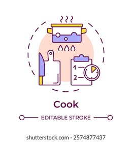 Cook multi color concept icon. Cooking recipe, cookbook. Boiling pot, cutting board. Round shape line illustration. Abstract idea. Graphic design. Easy to use in infographic, presentation