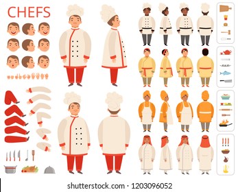 Cook national. Asian black arab indian chief body parts various poses and kitchen items vector constructor. Chief traditional cook, national cooker illustration