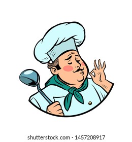 cook ok gesture, gourmet food taste. Comic cartoon pop art retro vector drawing illustration