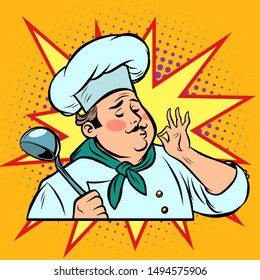 cook ok gesture, gourmet food taste. Comic cartoon pop art retro vector drawing illustration