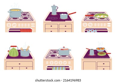 Cook on the stove. Food in pan and pot. Boiling soup on gas cooker, cooking fried eggs, meat and pasta. Prepare dinner breakfast decent vector set
