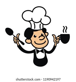 Cook on white background. Illustration for menu, logotype, emblem, stamp,  book. Funny smiling cartoon character in white cook hubcap. Vector illustration.