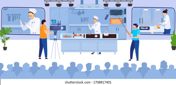 Cook online culinary blog video recording chef cooking on internet flat vector illustration. Cook in hat and apron cartoon character. Chef shooting food vblog on camera. Gastronomy online channel.