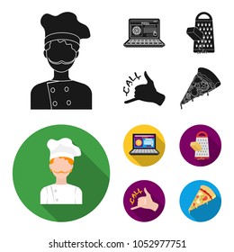Cook, order by phone, grated cheese, ordering a face gesture.Pizza and pizzeria set collection icons in black, flat style vector symbol stock illustration web.