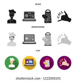 Cook, order by phone, grated cheese, ordering a face gesture.Pizza and pizzeria set collection icons in black, flat, monochrome style vector symbol stock illustration web.