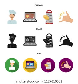 Cook, order by phone, grated cheese, ordering a face gesture.Pizza and pizzeria set collection icons in cartoon,black,flat style vector symbol stock illustration web.