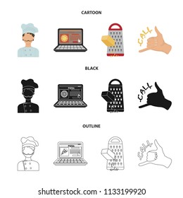 Cook, order by phone, grated cheese, ordering a face gesture.Pizza and pizzeria set collection icons in cartoon,black,outline style vector symbol stock illustration web.