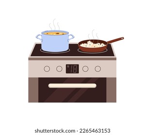 Cook pan and pot with preparing dishes on electric stove. Cooking food, boiling soup, frying and stewing vegetables on cooker. Saucepan and stewpot. Flat vector illustration on white background