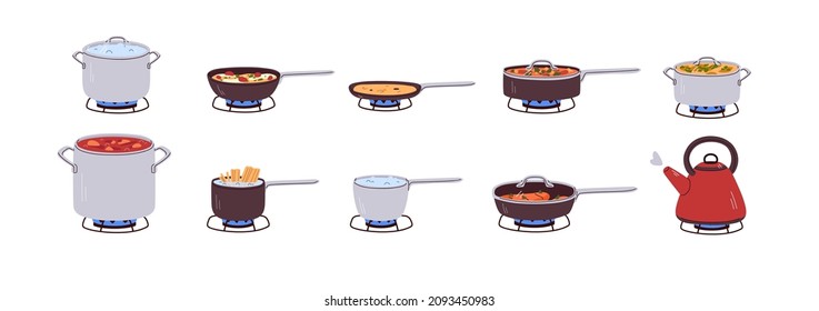 Cook pan, pot, saucepan with boiling, stewing and frying food on gas stove fire. Cooking dishes in stewpot, stockpot, casserole, kettle set. Flat vector illustrations isolated on white background - Shutterstock ID 2093450983