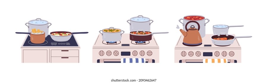 Cook pans and pots on gas, electric stoves set. Cooking food, boiling water, stewing and frying dishes on fire. Saucepan, stewpot and teakettle. Flat vector illustrations isolated on white background
