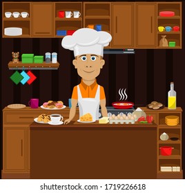 Cook a person preparing lunch in the kitchen. Vector illustration on the theme of interior and cooking. Stay home.