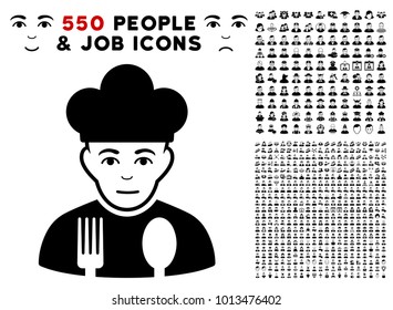 Cook pictograph with 550 bonus pity and happy jobs graphic icons. Vector illustration style is flat black iconic symbols.