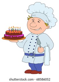Cook with pie, restaurant waiter with cake, funny character