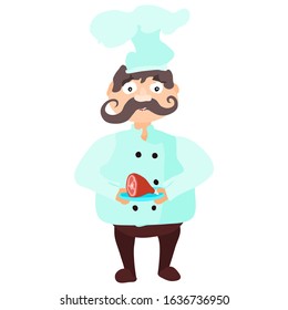 cook with a piece of meat on a plate. vector image