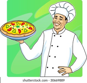 Cook with pizza