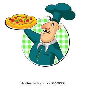 Cook pizza. Chef. Vector illustration, drawing.