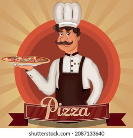 Cook. Pizza maker. Stove. Baker. A man in a brown apron and cap holds pizza on a tray. Bakery. Retro style. The character. Stock Vector illustration. Striped background. Signboard. Man with mustache.