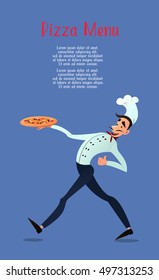 Cook with pizza. pizza menu. Italian pizza. Chef. Pizza delivery. Vector illustration in style flat