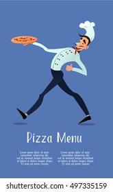 Cook with pizza. pizza menu. Italian pizza. Chef. Pizza delivery. Vector illustration in style flat