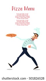 Cook with pizza. pizza menu. Italian pizza. Chef. Pizza delivery. Vector illustration in style flat