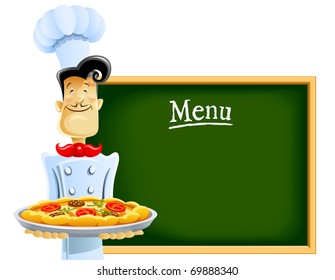 cook with pizza and menu vector illustration isolated on white background