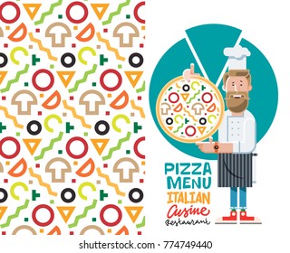 Cook with pizza and menu vector illustration isolated on white background. Flat style