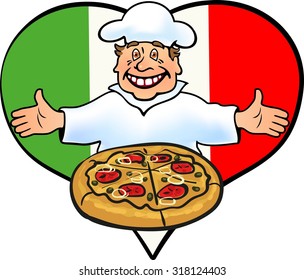 Cook and pizza on Italian flag in big heart background.  Vector illustration. Concept for cards, tickets, branding, logo, label, background.  