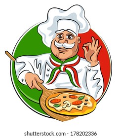 Cook pizza. Pizzaiolo. Vector illustration isolated on a white background
